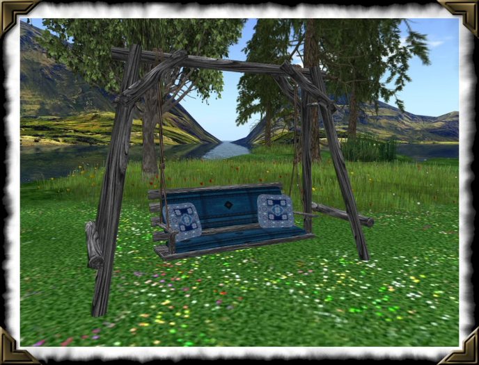 Gray Wood Swing With Blue Cushion