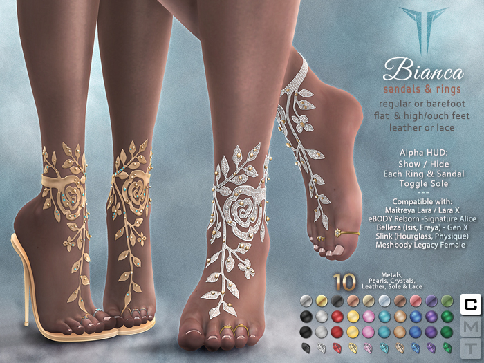 **RE** Bianca Sandals & Rings - Maitreya Lara X, Gen X, eBODY Reborn, Belleza, Meshbody, SLink