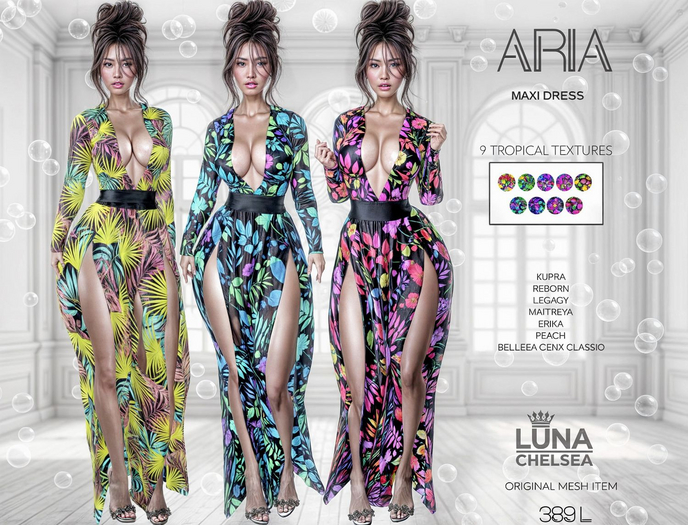 ❤️, Aria Tropical Prints,Maxi Dress, Long Dress, 9 Textures, Exclusive Original Mesh