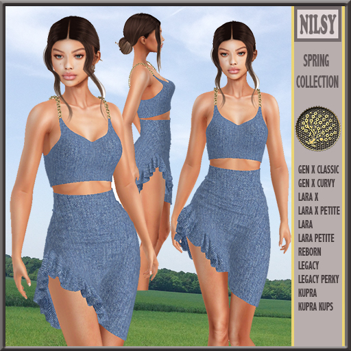 DENIM CHAINED TOP&RUFFLE SKIRT