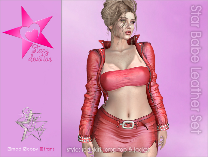 Star Babe Red Leather Jacket, Crop top & Skirt Set for Star Body (aka Star Mesh Body)
