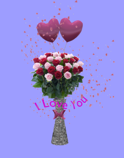 G * I Love You Pink&Red Roses Pink Balloons Vase