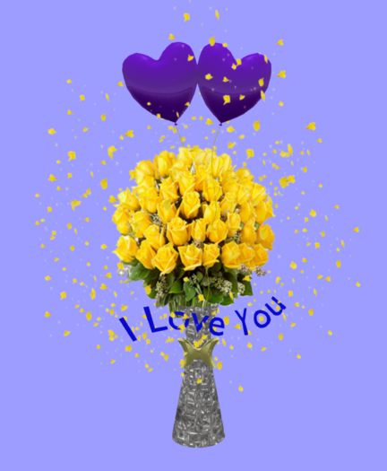 G * I Love You Yellow Roses Purple Heart Balloons Vase