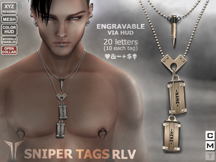 **RE** Sniper Tags RLV * ENGRAVABLE * MESH * (** ReVoX** Collection)