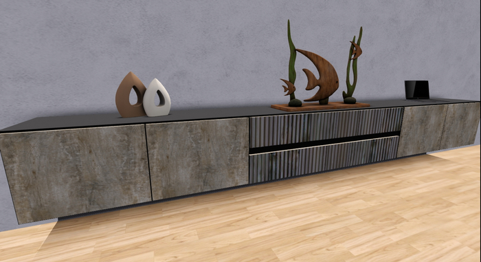 Long designer cabinet with accessories and working notebook