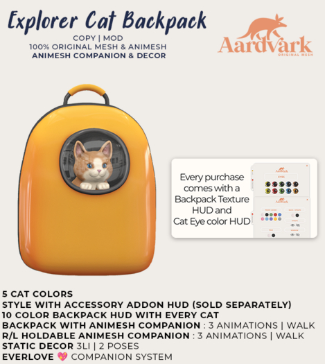 Aardvark : Explorer Cat Backpack -  Orange Tabby 