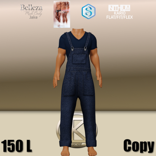 IKWE Men's Overalls with V-Neck Tee Blue Jean