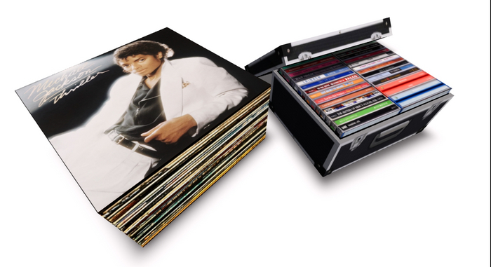 DJ equipment set: music CD case and stack of LP records