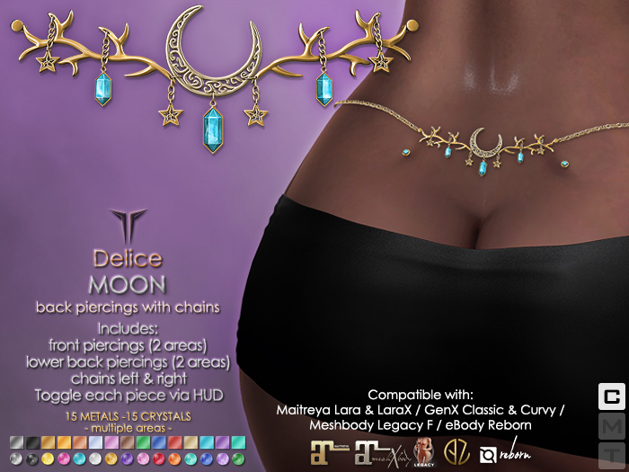 **RE** Delice Piercings Moon - Fit Mesh - Maitreya Lara X, GenX, eBODY, Meshbody