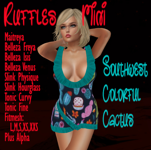 SOUTHWESTERN COLORFUL CACTUS SUMMER RUFFLES MINI PARTY DRESS Maitreya; Belleza F,I,V; Slink P,H;Tonic C,F; XXS,XS,S,M.L