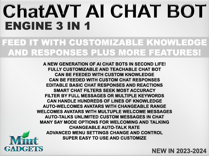 Mint ChatAVT Chatbot Engine Scripts Full Perms Edition Copy Mod Transfer