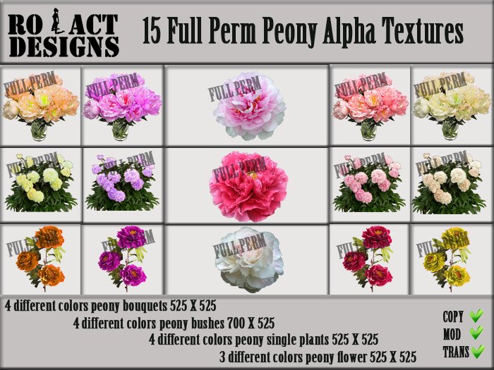 ..::RO!ACT::..DESIGNS 15 Peony Full Perm Alpha Textures