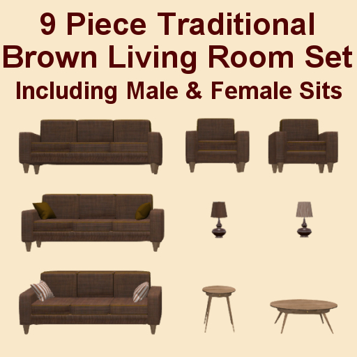 9 Piece Traditional Brown Living Room Set