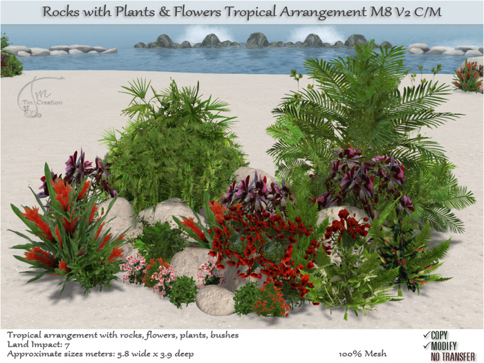 Tropical Flowers Plants & Rocks Arrangement. C/M M8