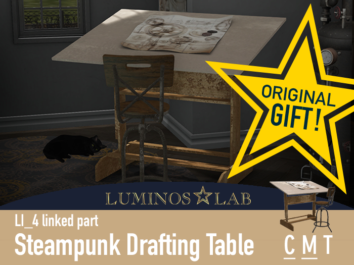 LL Steampunk Drafting Table and Stool with sits
