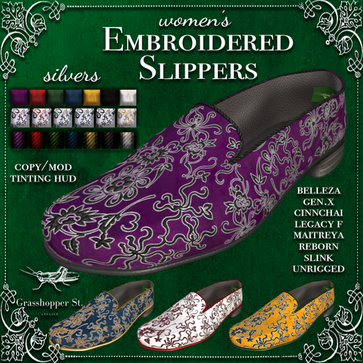 Grasshopper St Embroidered Slippers Women's Silver