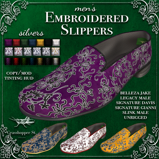 Grasshopper St Embroidered Slippers Men's Silver