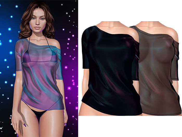 Ember Off Shoulder Tee Shirt 2.0 [Holo Black] - Maitreya Lara • LaraX • Petite • PetiteX • Legacy • Reborn