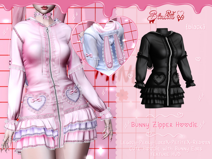 { Red Blossom } Bunny Zipper Hoodie { BLACK }