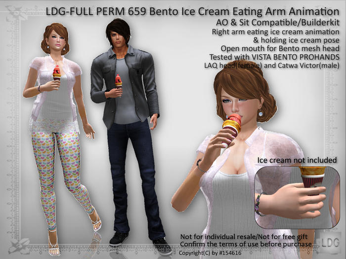 LDG-FULL PERM 659 Bento Ice Cream Eating Arm Animation - AO & Sit Compatible / Holding Pose / Builderkit