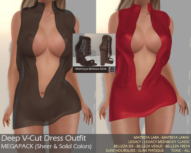 (PROMO 50 % OFF)-DEEP V-CUT DRESS & HEELS OUTFIT-DRESS HAS 100'S OF SOLID & SHEER FABRIC COLOR CHOICES on MEGA COLOR HUD