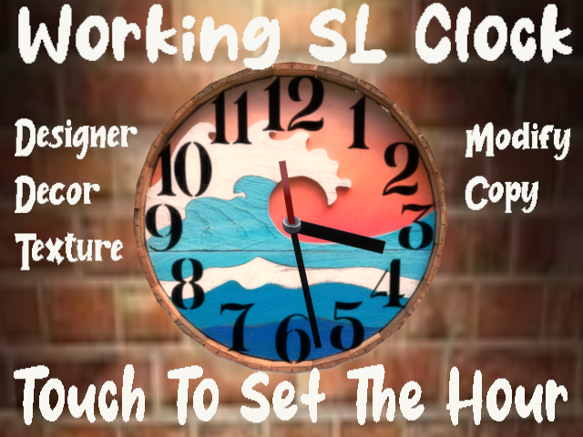 TROPICAL WOOD ART SUNSET CURL WORKING SL CLOCK WALL DECOR Easy Click Sets Hour SL or Your Zone COPY/MODIFY Size 