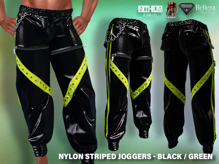 [SEVENELEVEN] Nylon Striped Joggers - Black / Green