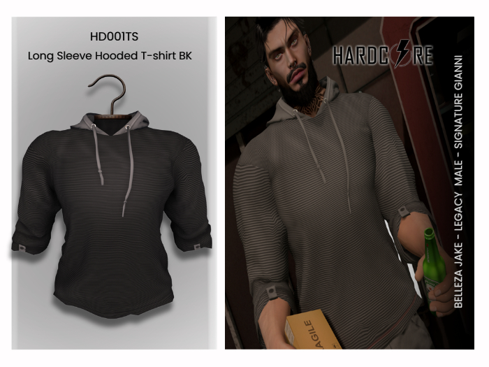 :: HARDCORE :: (HD001TS) Long Sleeve Hooded T-Shirt BK [ADD]