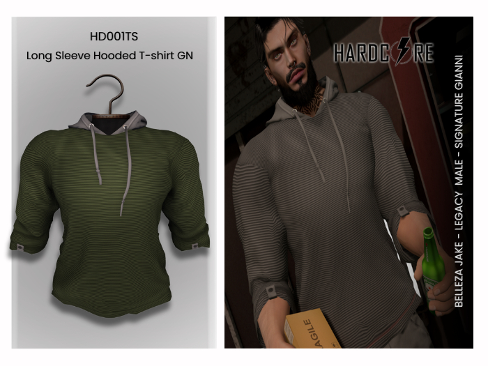 :: HARDCORE :: (HD001TS) Long Sleeve Hooded T-Shirt GN [ADD]