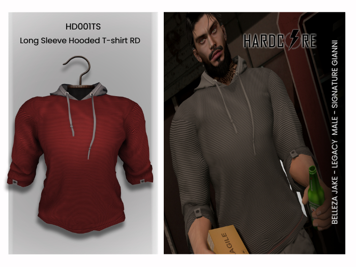 :: HARDCORE :: (HD001TS) Long Sleeve Hooded T-Shirt RD [ADD]