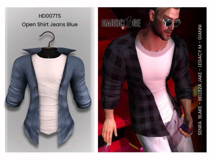 :: HARDCORE :: (HD007TS) Men's Open Shirt Jeans Blue