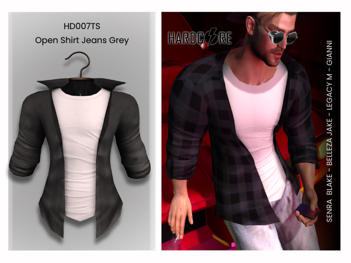 :: HARDCORE :: (HD007TS) Men's Open Shirt Jeans Grey [ADD]