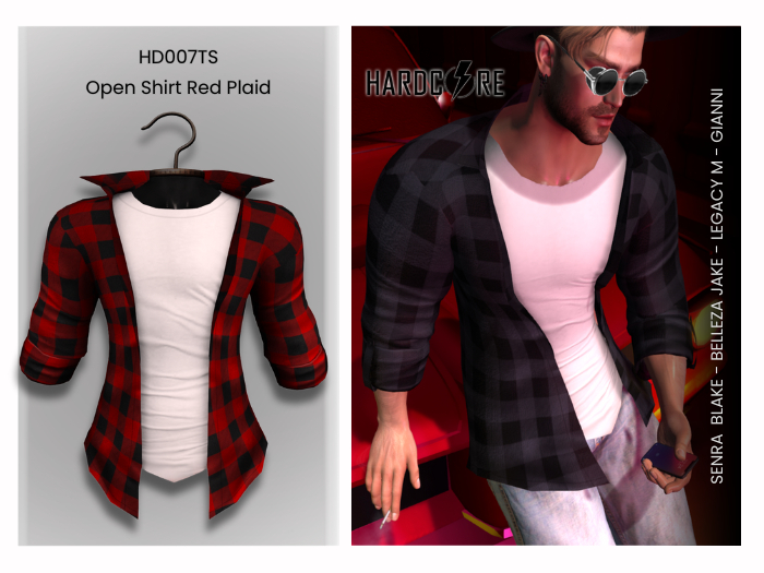 :: HARDCORE :: (HD007TS) Men's Open Shirt Red Plaid 