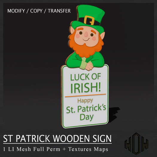 WoW St Patrick Wooden Sign FULLPERM