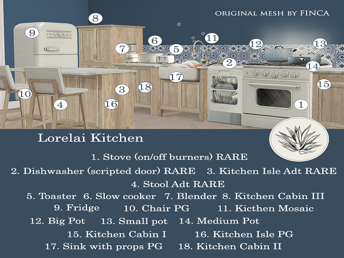 3. FINCA. Lorelai Kitchen Isle Singles.Couples.Adult RARE