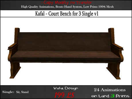 Second Life Marketplace - Kafal - Court Bench for 3 Single v1
