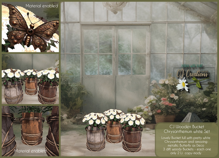CJ Wooden Bucket Chrysanthemum white Set