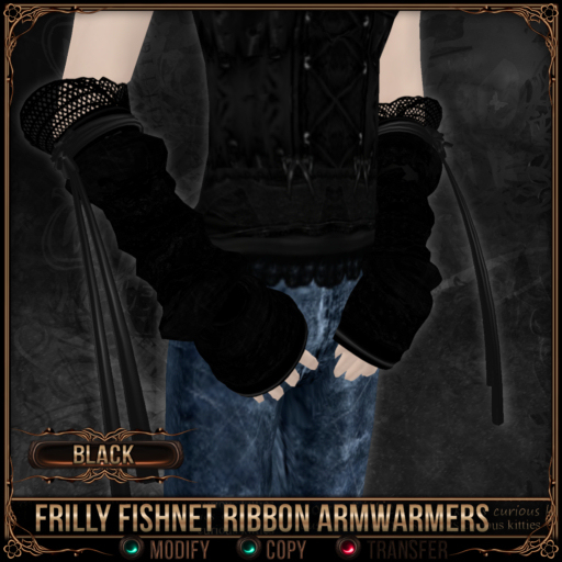 =^.^= Curious Kitties - Frilly Fishnet Ribbon Armwarmers - Black 