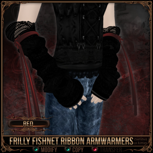 =^.^= Curious Kitties - Frilly Fishnet Ribbon Armwarmers - Red