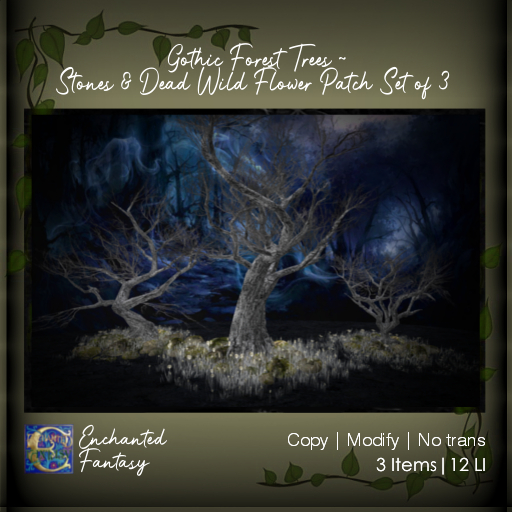 Gothic Forest Trees Stones & Dead Wild Flower Patch Set of 3