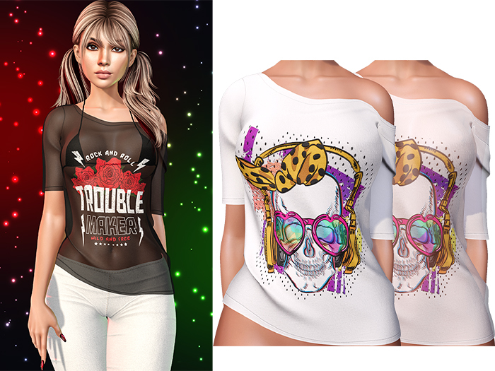 Ember Off Shoulder Tee Shirt [Rock Skull] - Maitreya Lara • LaraX • Petite • PetiteX • Legacy • Reborn Tops