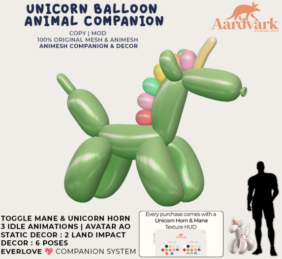 Aardvark : Unicorn Balloon Animal Companion - Green
