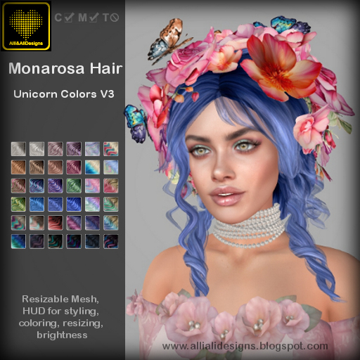 A&A Monarosa Hair Unicorn Colors, extravagant multistyle updo with flowers and butterflies
