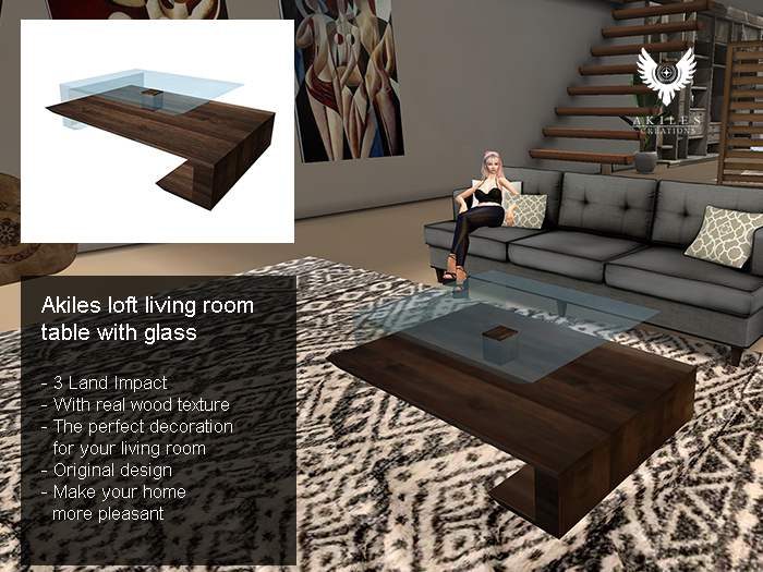 Akiles loft living room table with glass