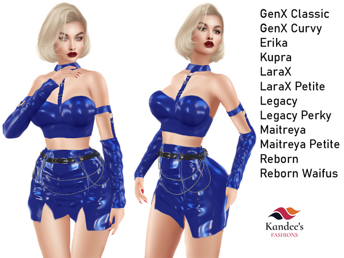 Blue Latex Skirt Outfit with Belt Chain