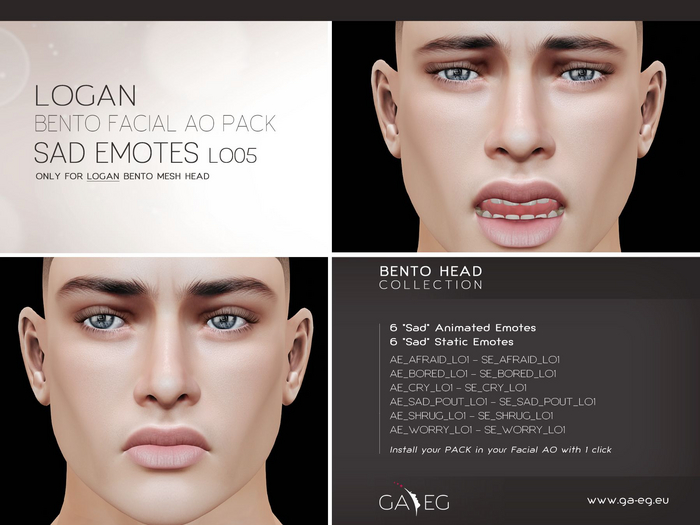 Second Life Marketplace - [GA.EG] Logan Bento Facial AO Pack - LO05 Sad ...