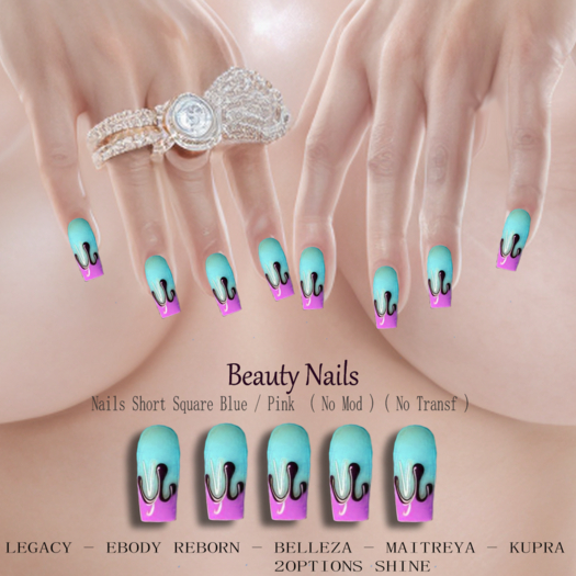 BN - Nails Short Square - Blue / Pink # 2 Options Shine