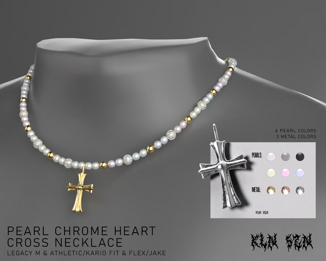 KLN SZN - Pearl Chrome Heart Cross Necklace