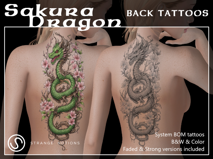 Sakura Dragon Back Tattoo (BOM, color + B&W)