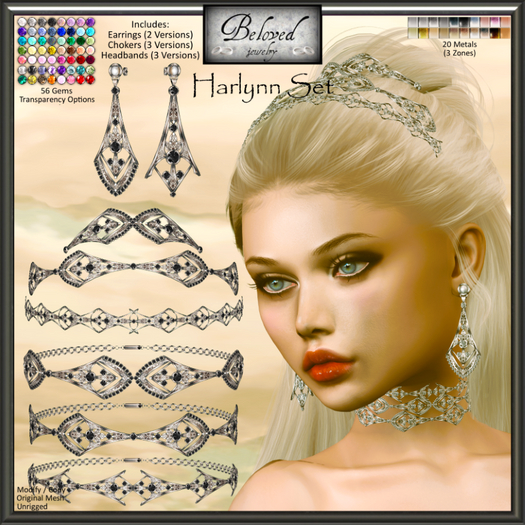 Beloved Jewelry : Harlynn Jewelry Set (Texture Change).  Earrings, Chokers Necklace, Tiara Headband, 1920s Flapper Jewel